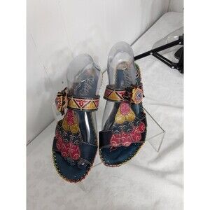 Elite by Corkys Jamaica Slip On Boho Sandal Leather Blue Pink Block Heel Size 9